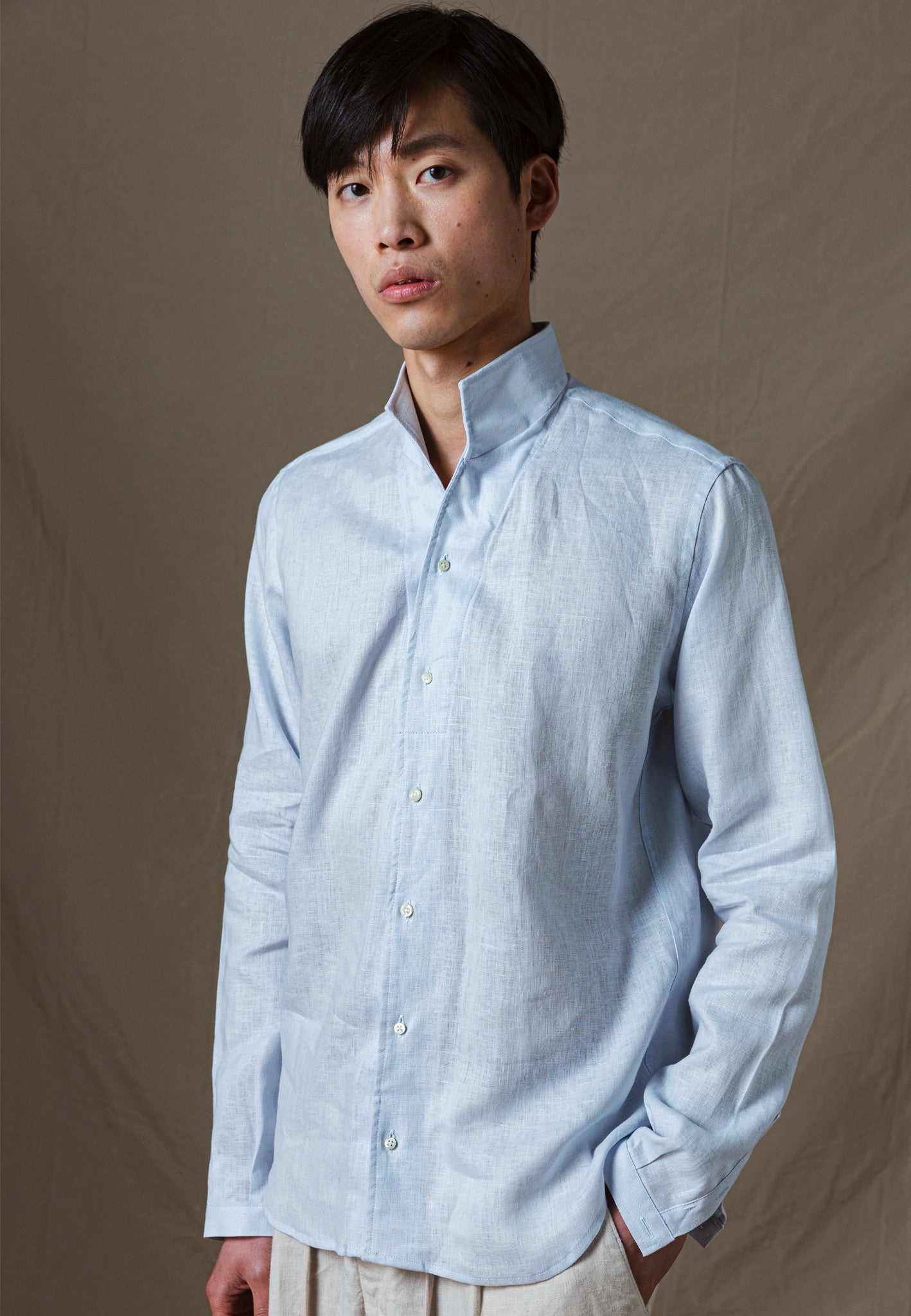 LIGHT BLUE LINEN MAO COLLAR SHIRT