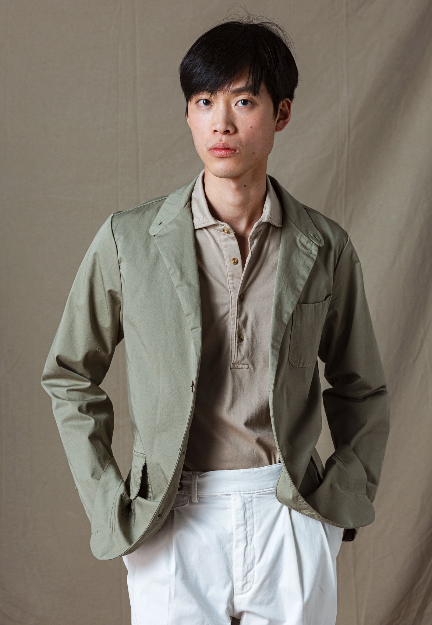 KHAKI COTTON UNSTRUCTURED BLAZER