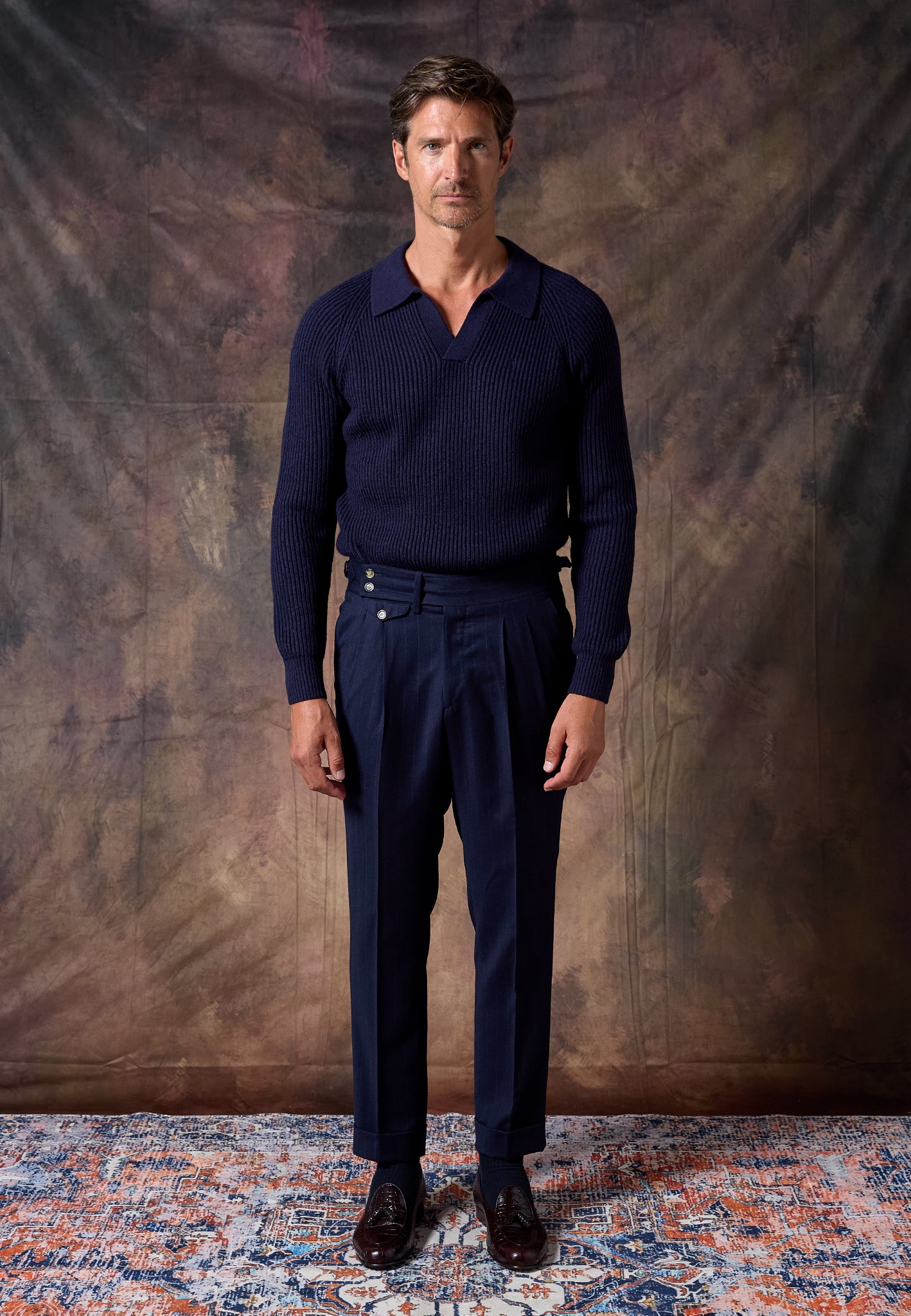 NAVY PINSTRIPE TROUSERS WITH SIDE ADJUSTERS