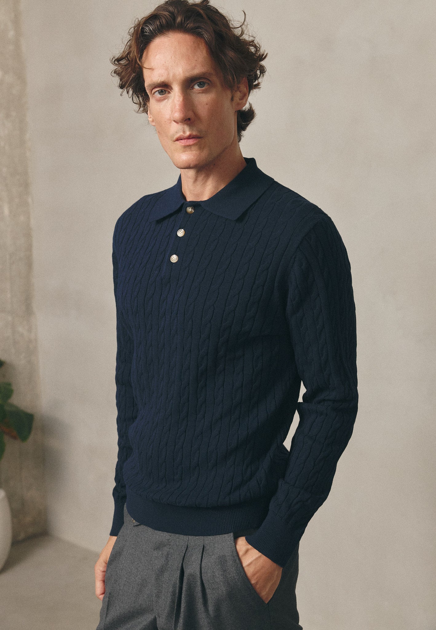 NAVY CABLE KNIT COTTON POLO SHIRT