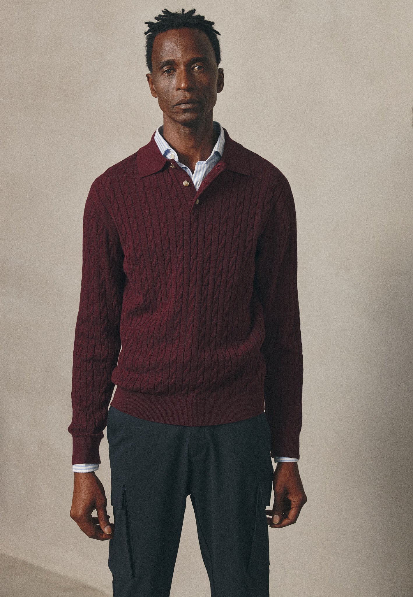 BURGUNDY CABLE KNIT COTTON POLO SHIRT