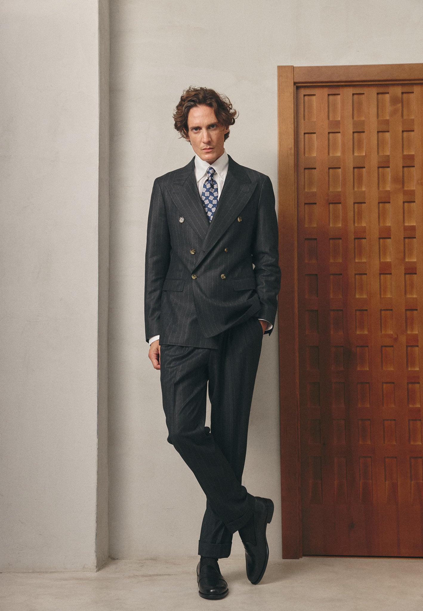 CHARCOAL PINSTRIPE TROUSERS WITH SIDE ADJUSTERS