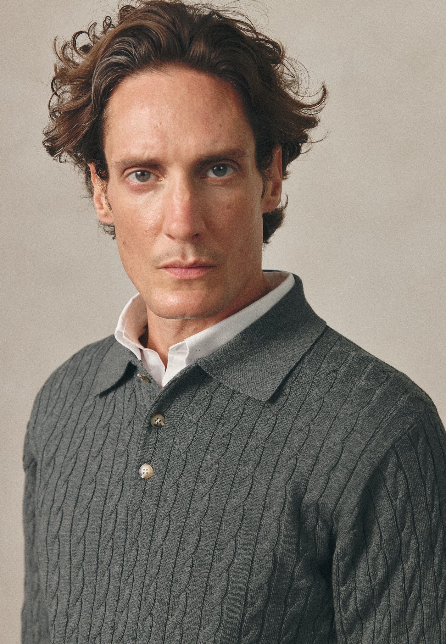 CHARCOAL CABLE KNIT COTTON POLO SHIRT
